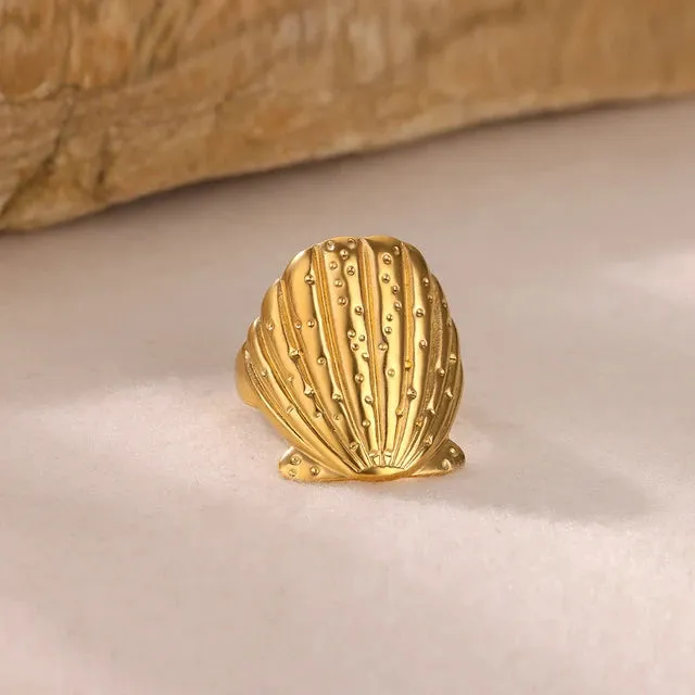 Shell D Place 304 Stainless Steel Gem 18K Gold Plated Inlay Open Ring