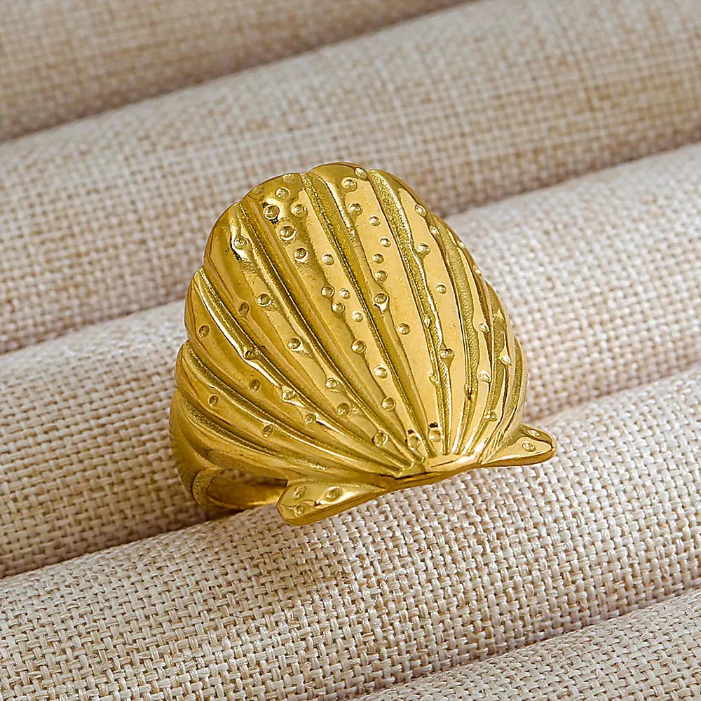 Shell D Place 304 Stainless Steel Gem 18K Gold Plated Inlay Open Ring