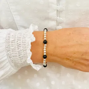 Silver Bead and Black Onyx Gemstone Bracelet