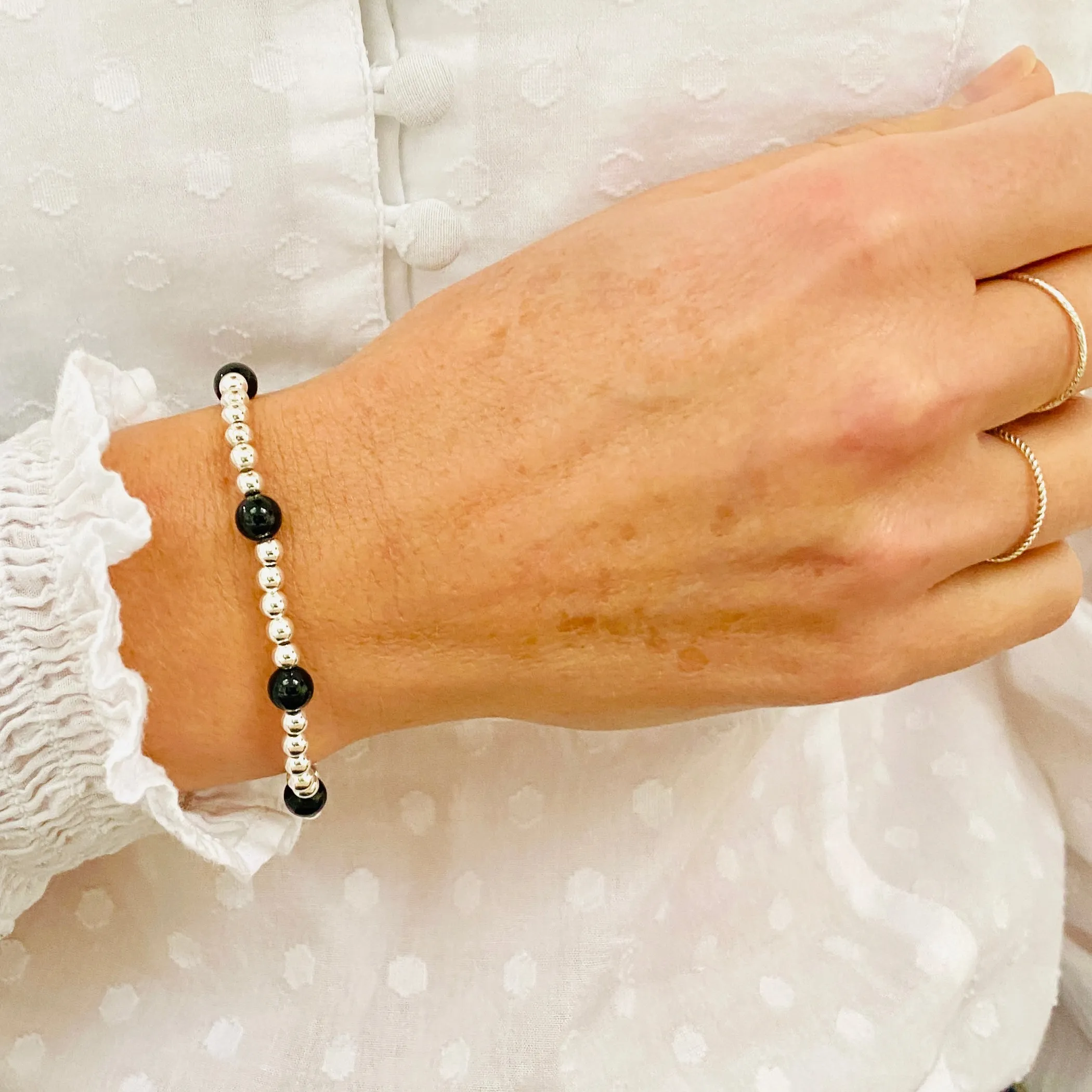 Silver Bead and Black Onyx Gemstone Bracelet