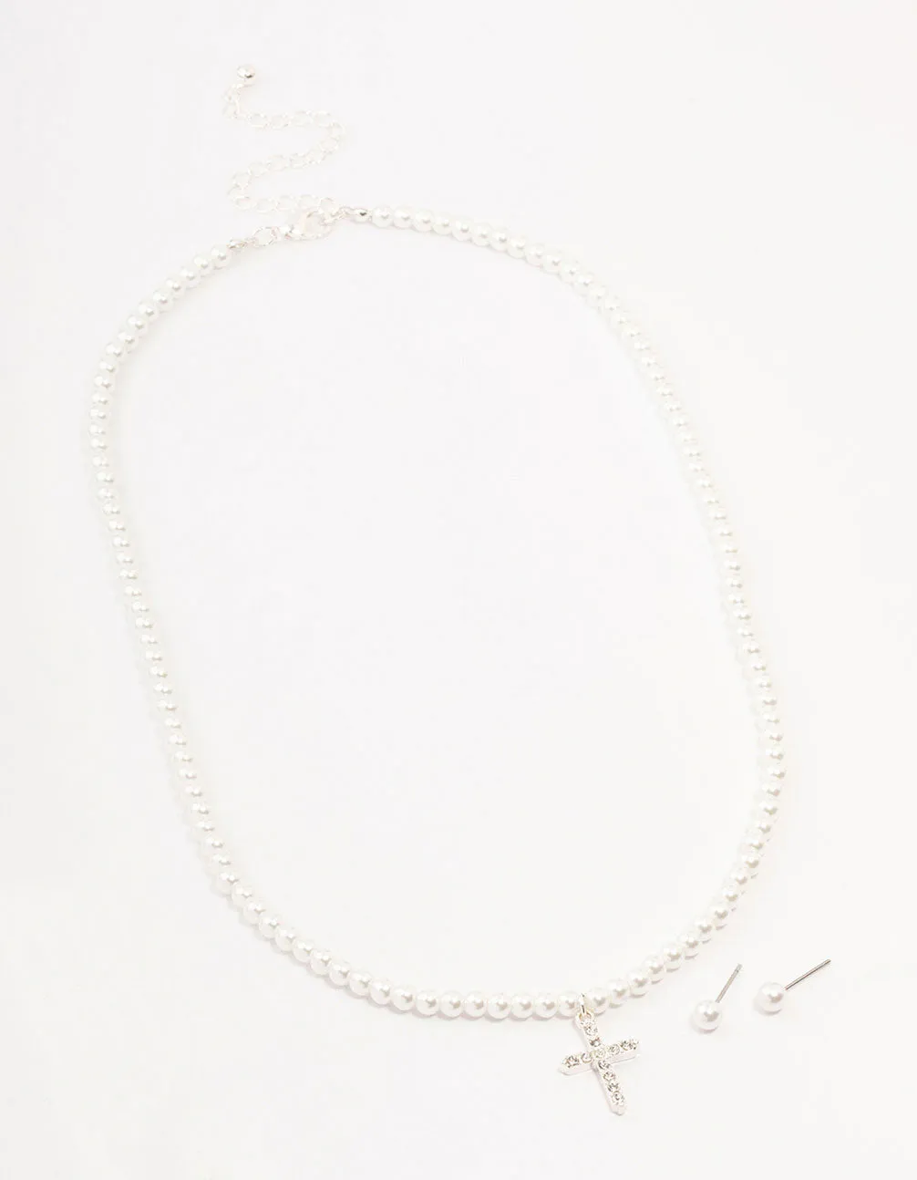 Silver Bohemia Czech Crystal Cross Necklace & Pearl Earrings Set
