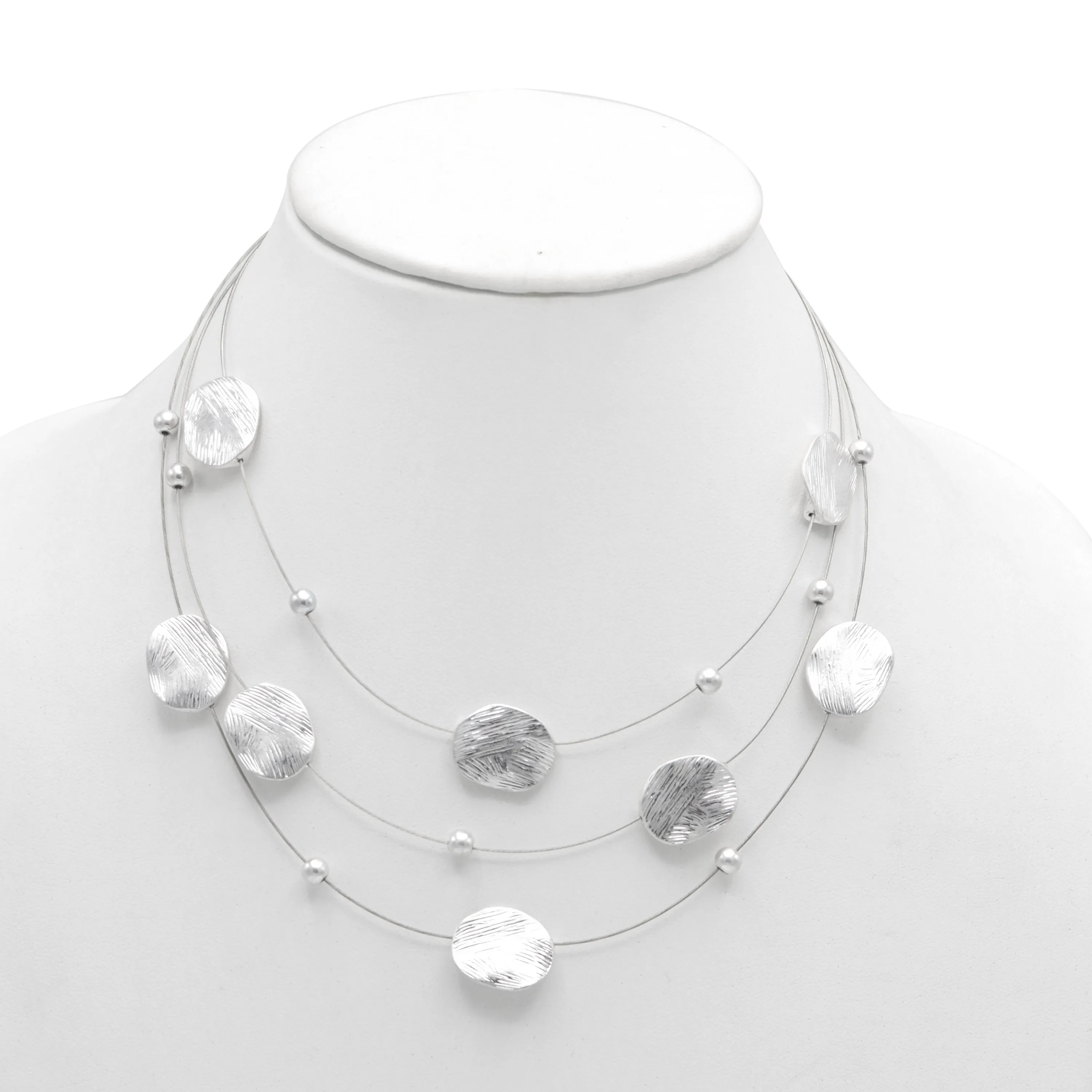 Silver Brushed Illusion Necklace And Earrings Set #SCE18256_SILVER(MB16)