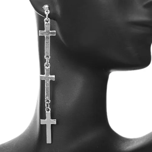 Silver Cross Post Drop Earrings