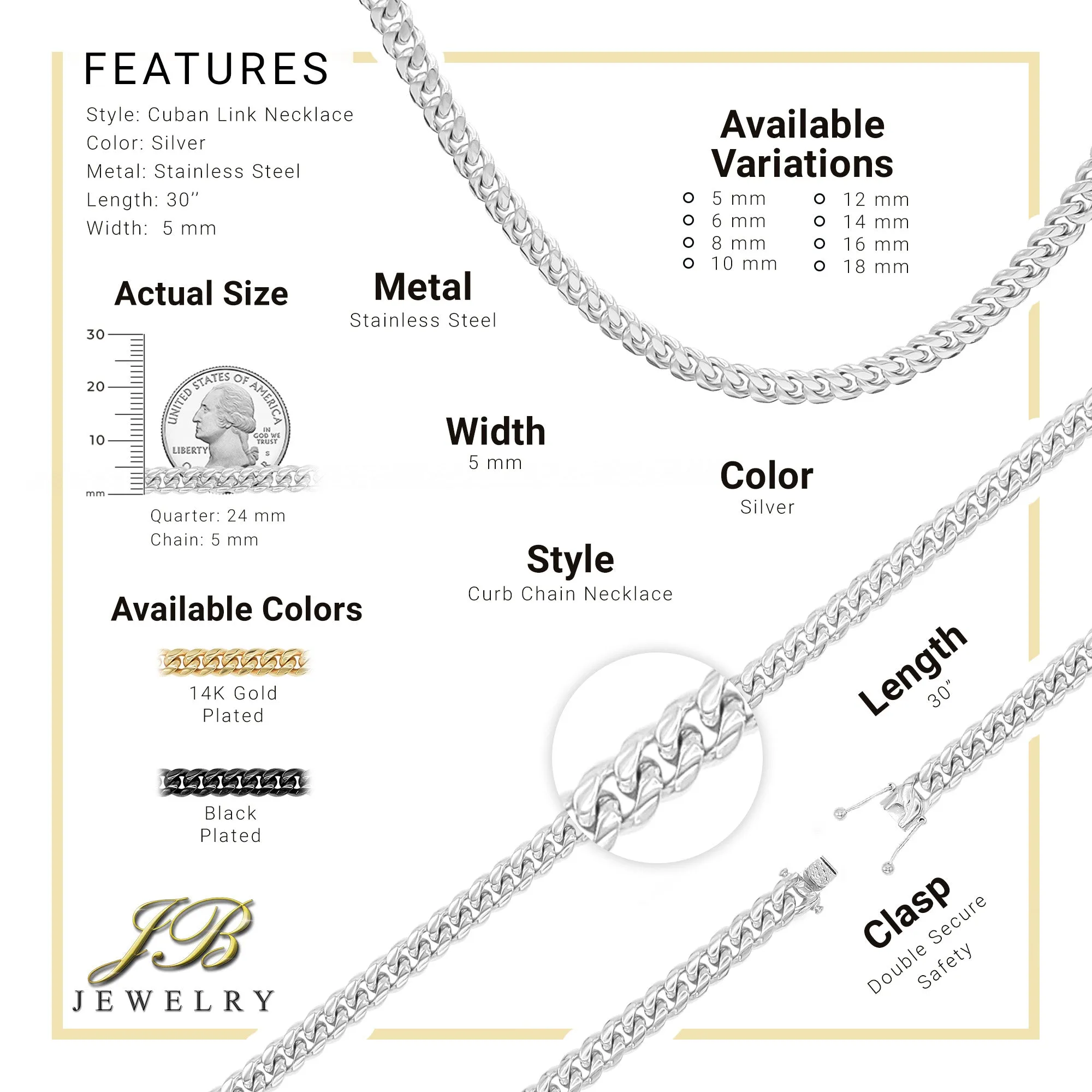 Silver Cuban Link Stainless Steel Necklace 30"