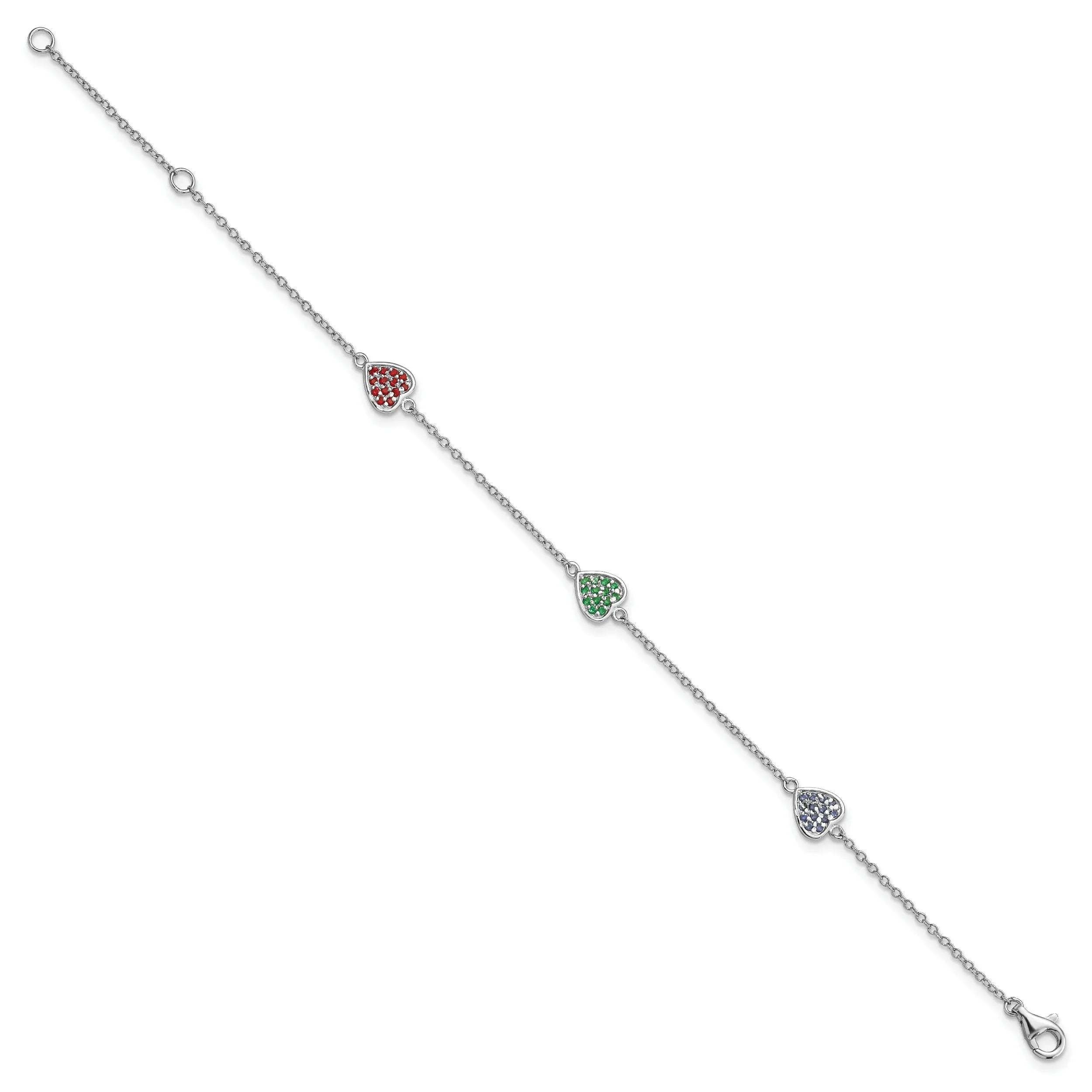 Silver Hearts Red Green Blue Glass Bracelet