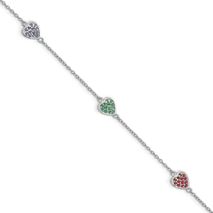 Silver Hearts Red Green Blue Glass Bracelet