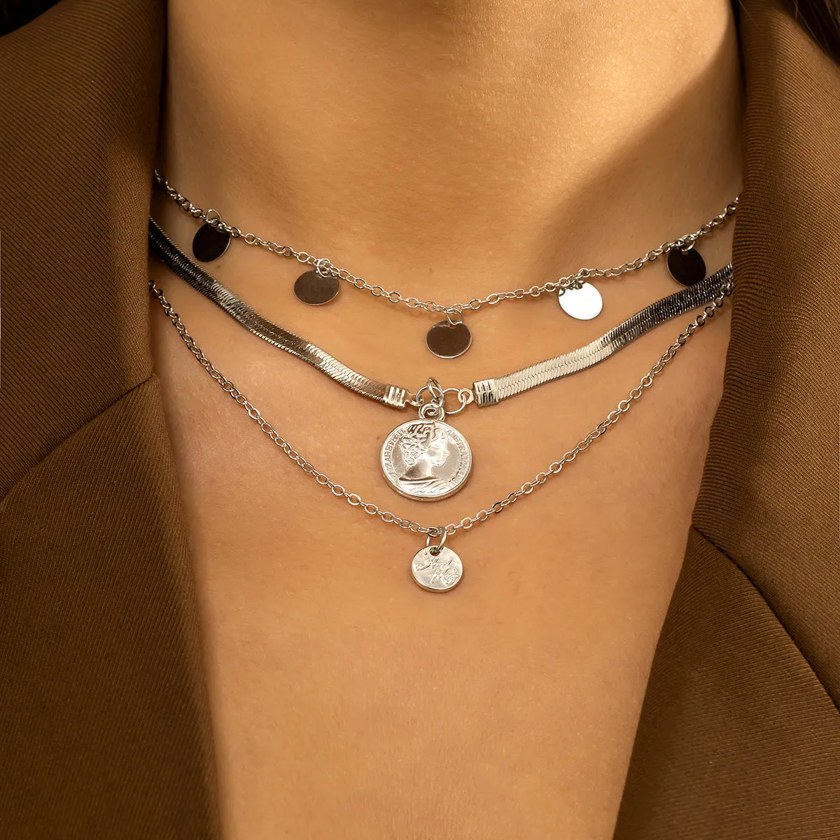 Silver-Plated Coin Necklace Set