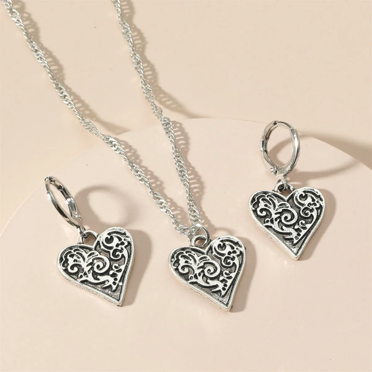 Silver-Plated Filigree Heart Huggie Earrings & Pendant Necklace