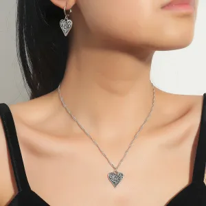Silver-Plated Filigree Heart Huggie Earrings & Pendant Necklace