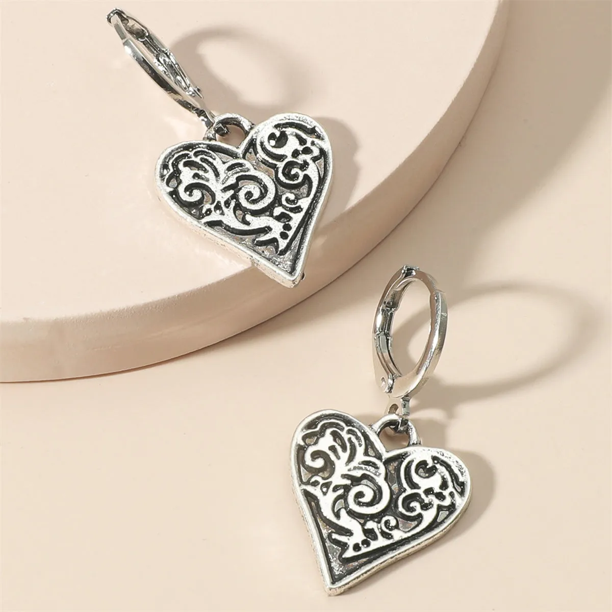 Silver-Plated Filigree Heart Huggie Earrings & Pendant Necklace