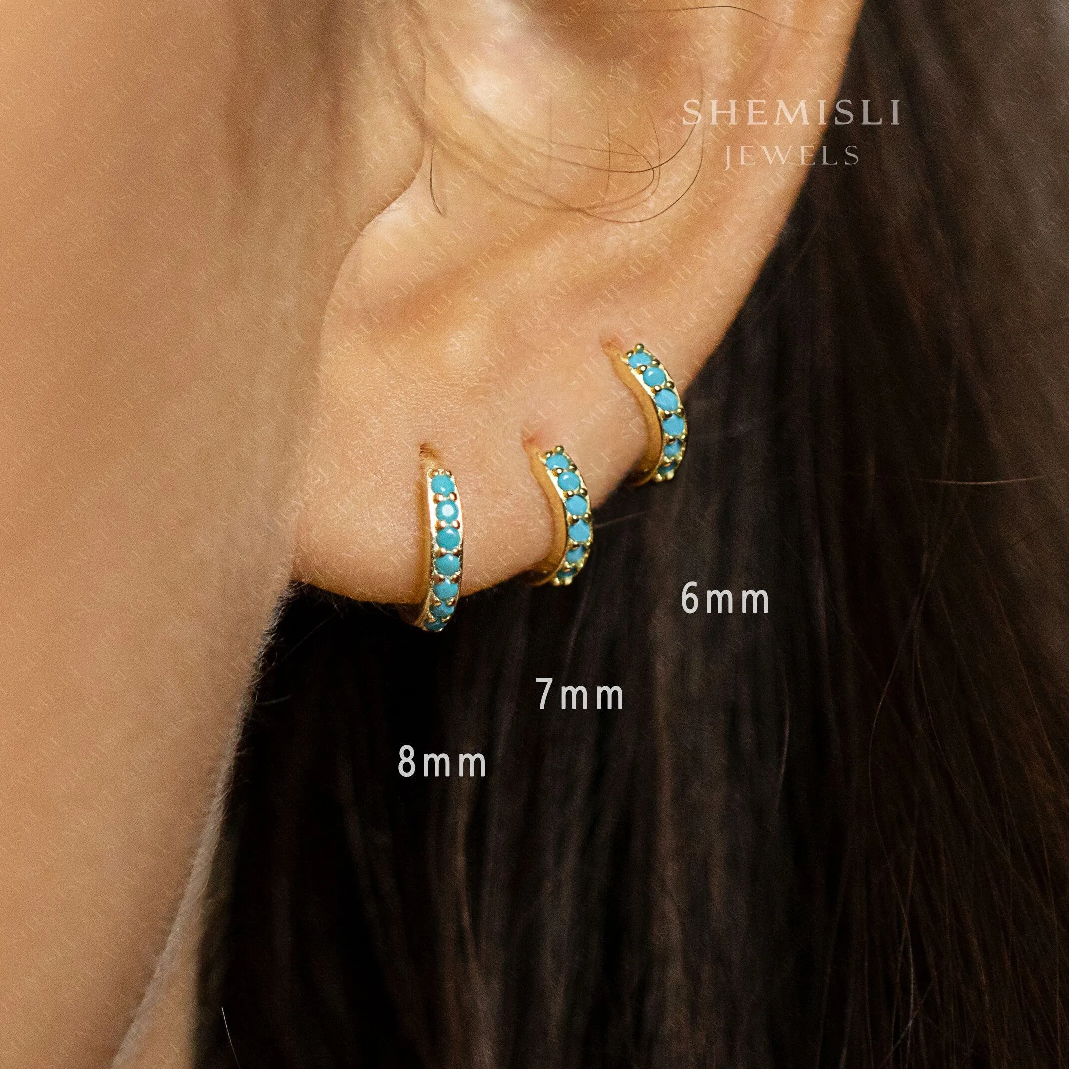 Simple Turquoise Hoop Earring, Huggies, 6, 7, 8, 9, 10, 12mm Unisex, Gold, Silver SHEMISLI SH052, SH053, SH054, SH055, SH056, SH057