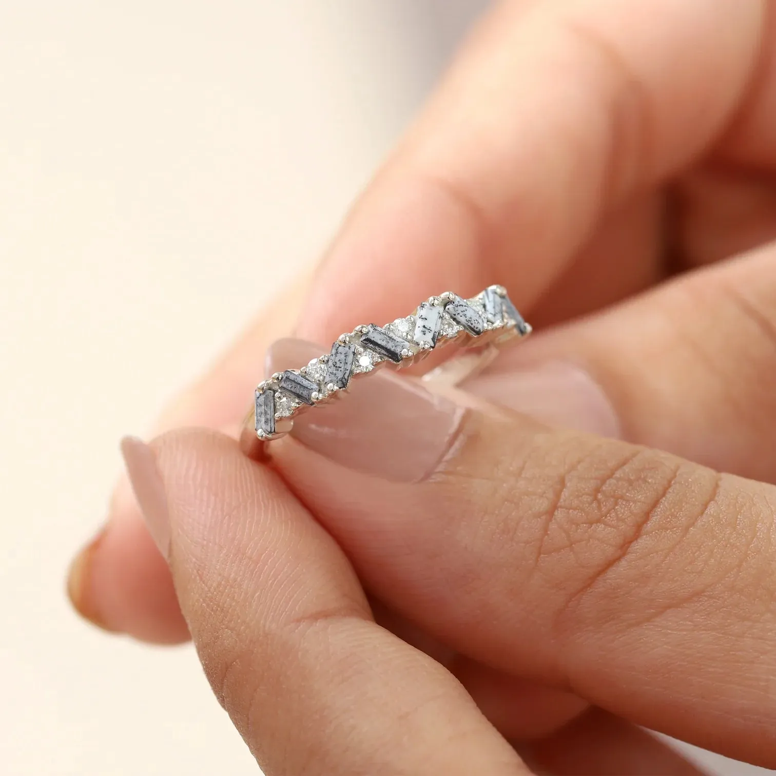 Skylar Dendritic Opal and Moissanite Multi Baguette Ring