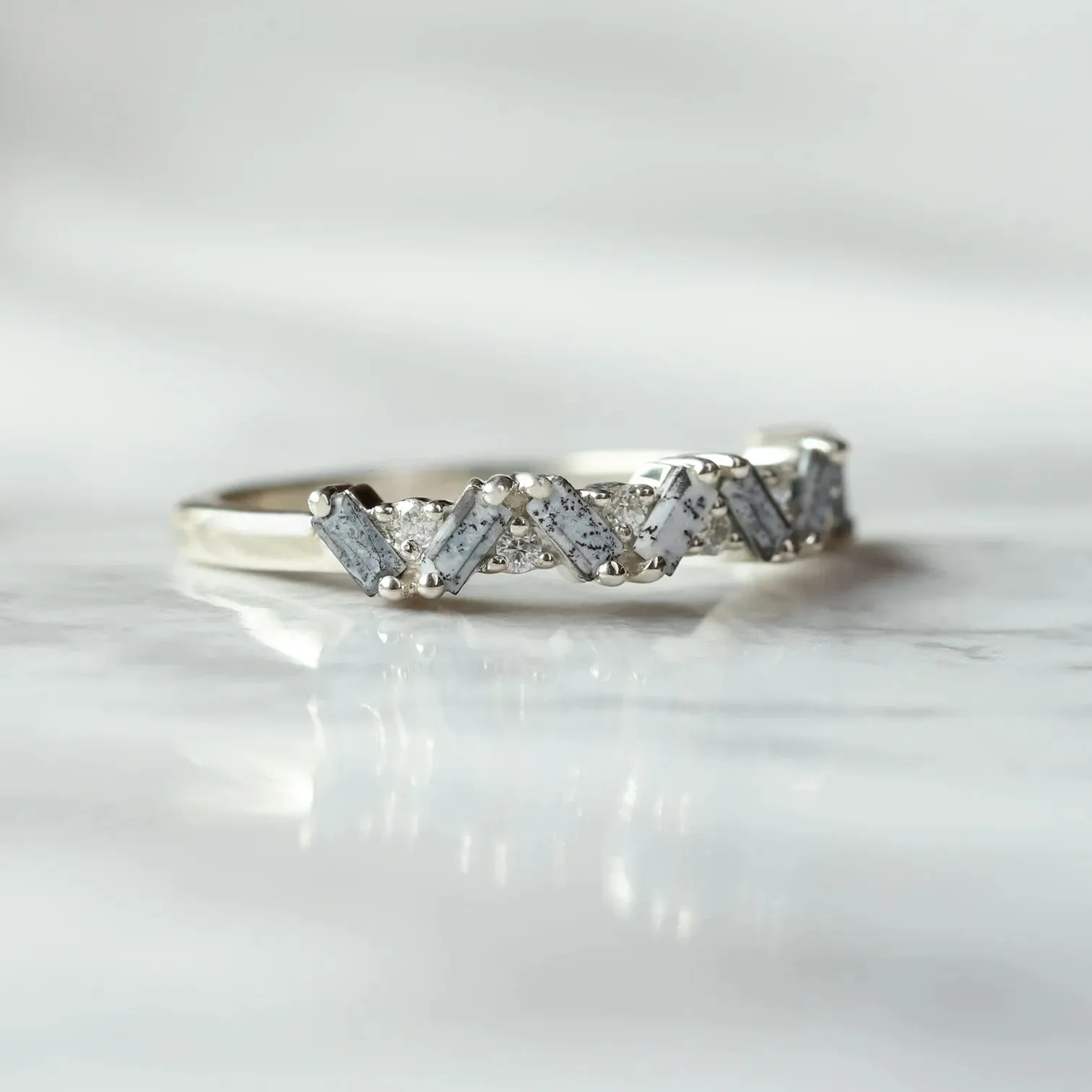 Skylar Dendritic Opal and Moissanite Multi Baguette Ring