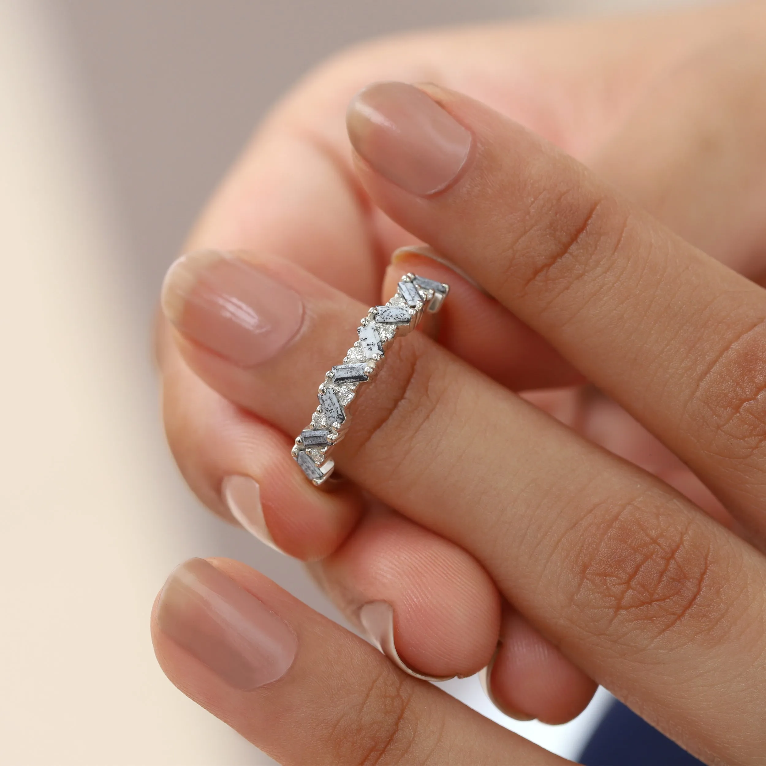 Skylar Dendritic Opal and Moissanite Multi Baguette Ring
