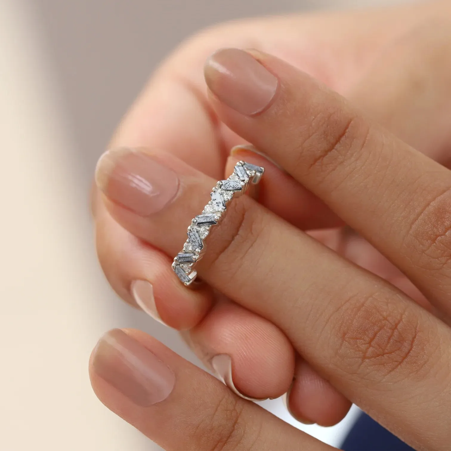 Skylar Dendritic Opal and Moissanite Multi Baguette Ring