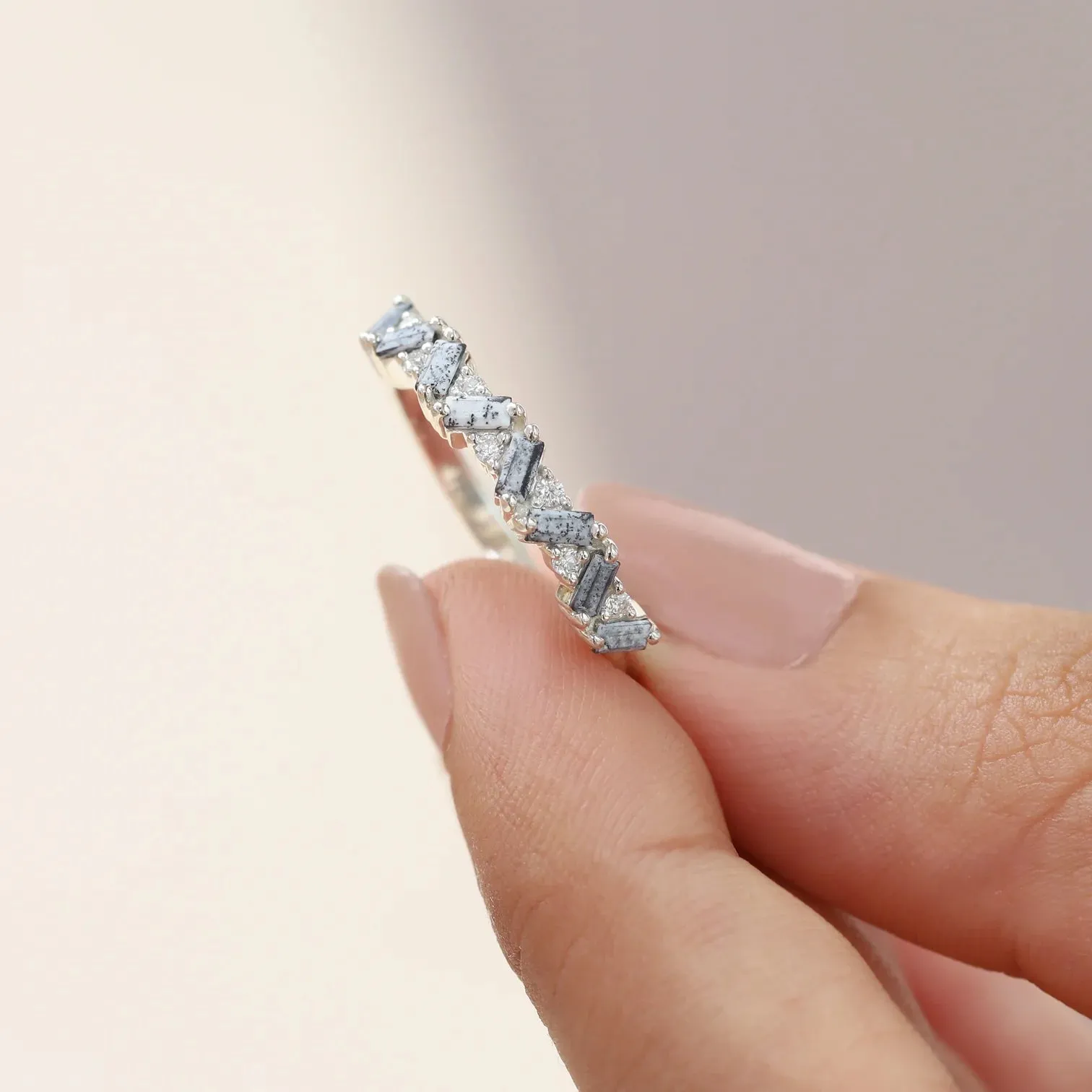 Skylar Dendritic Opal and Moissanite Multi Baguette Ring
