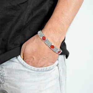 Sleek Silver Bracelet for Boys with Eye-catching Red Stones