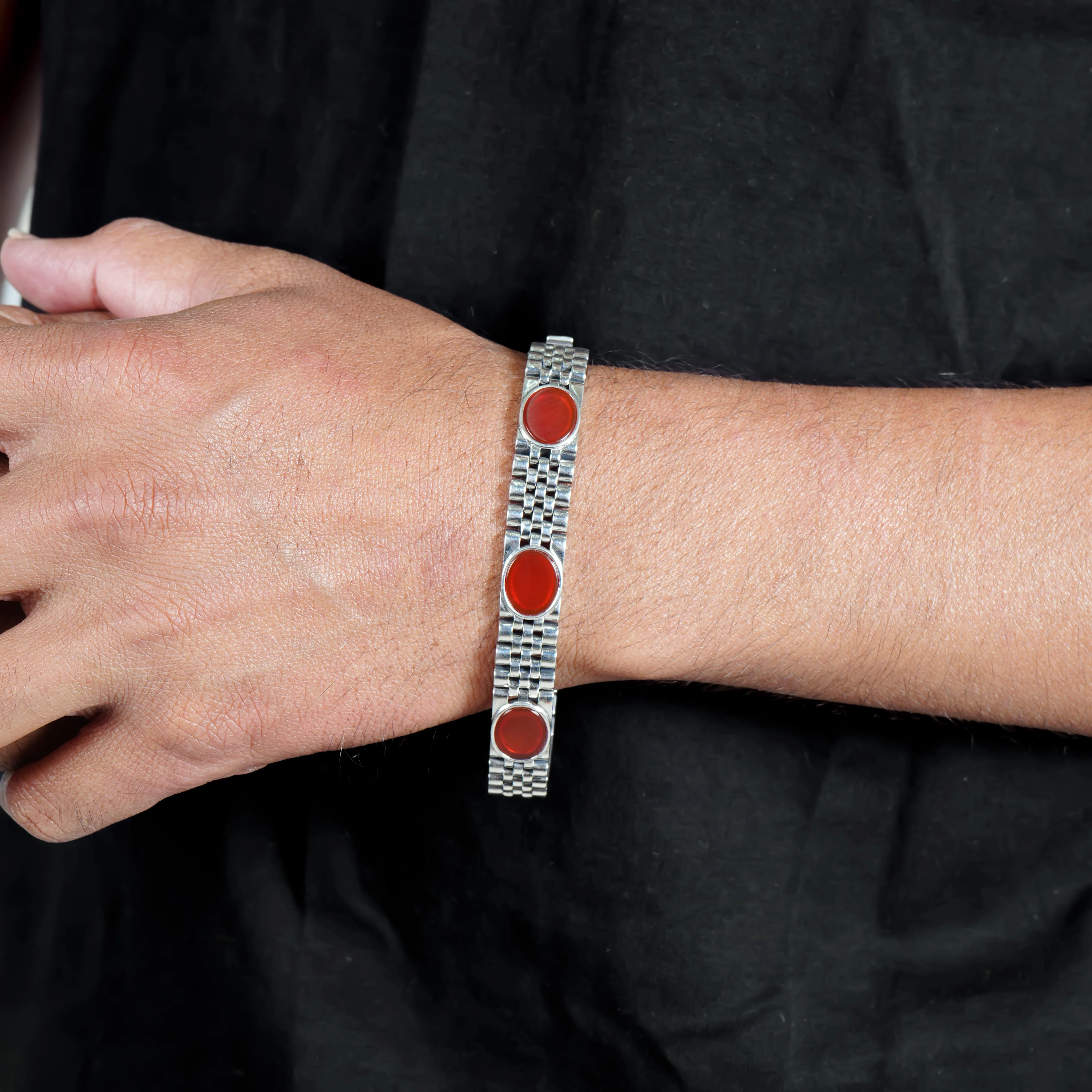 Sleek Silver Bracelet for Boys with Eye-catching Red Stones