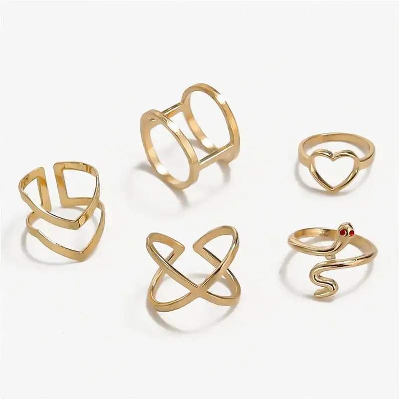 Snake-shaped Diamond Ring Set of 5 Stacked Rings with Alloy Construction