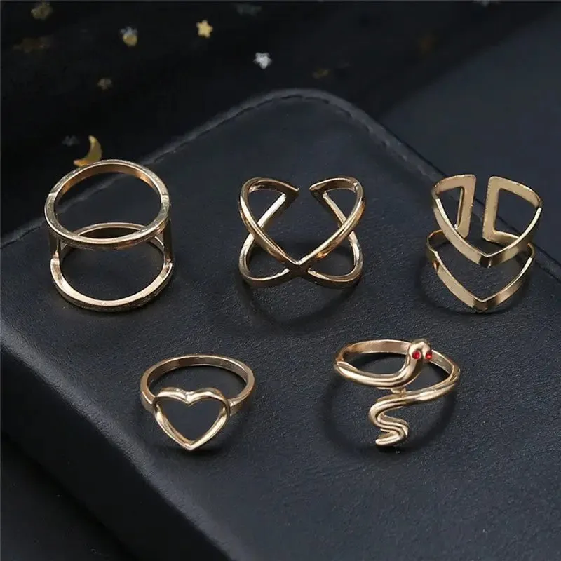 Snake-shaped Diamond Ring Set of 5 Stacked Rings with Alloy Construction