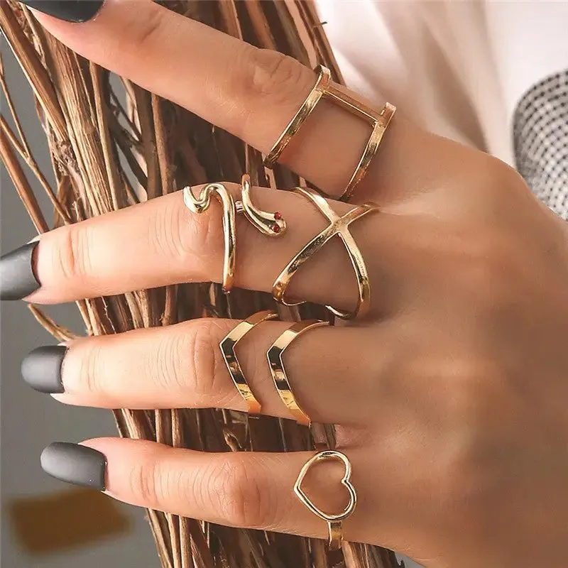 Snake-shaped Diamond Ring Set of 5 Stacked Rings with Alloy Construction