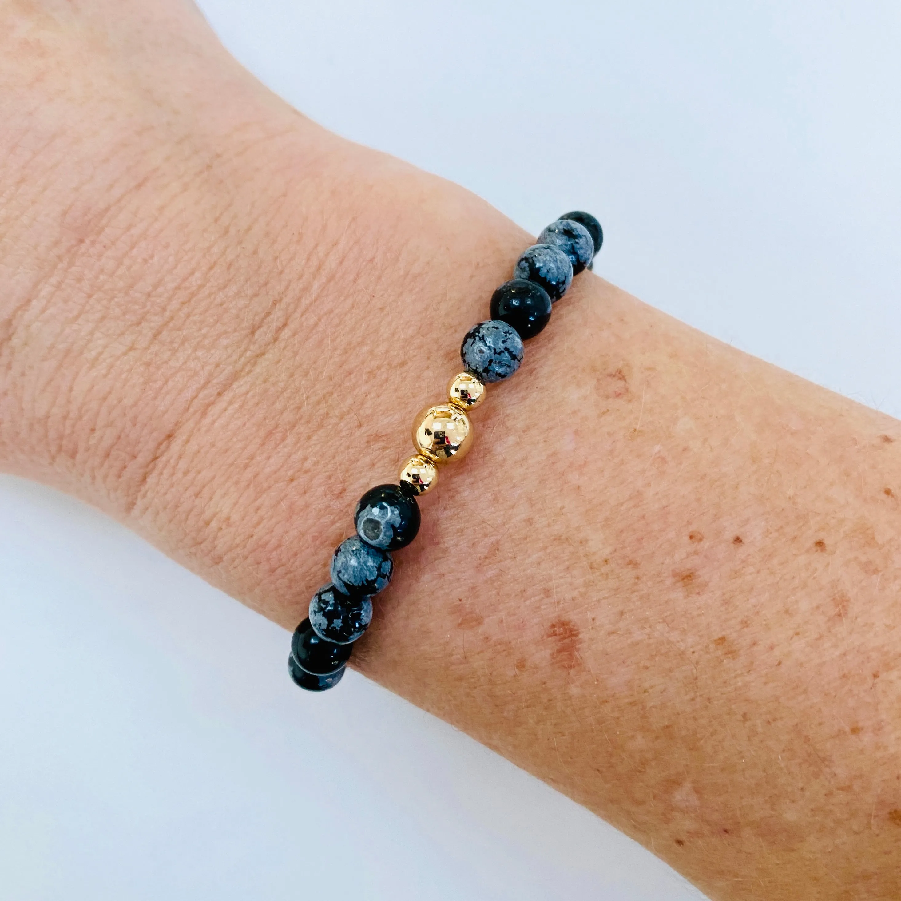 Snowflake Obsidian Bracelet with Gold Accent | Solo or Stack Set