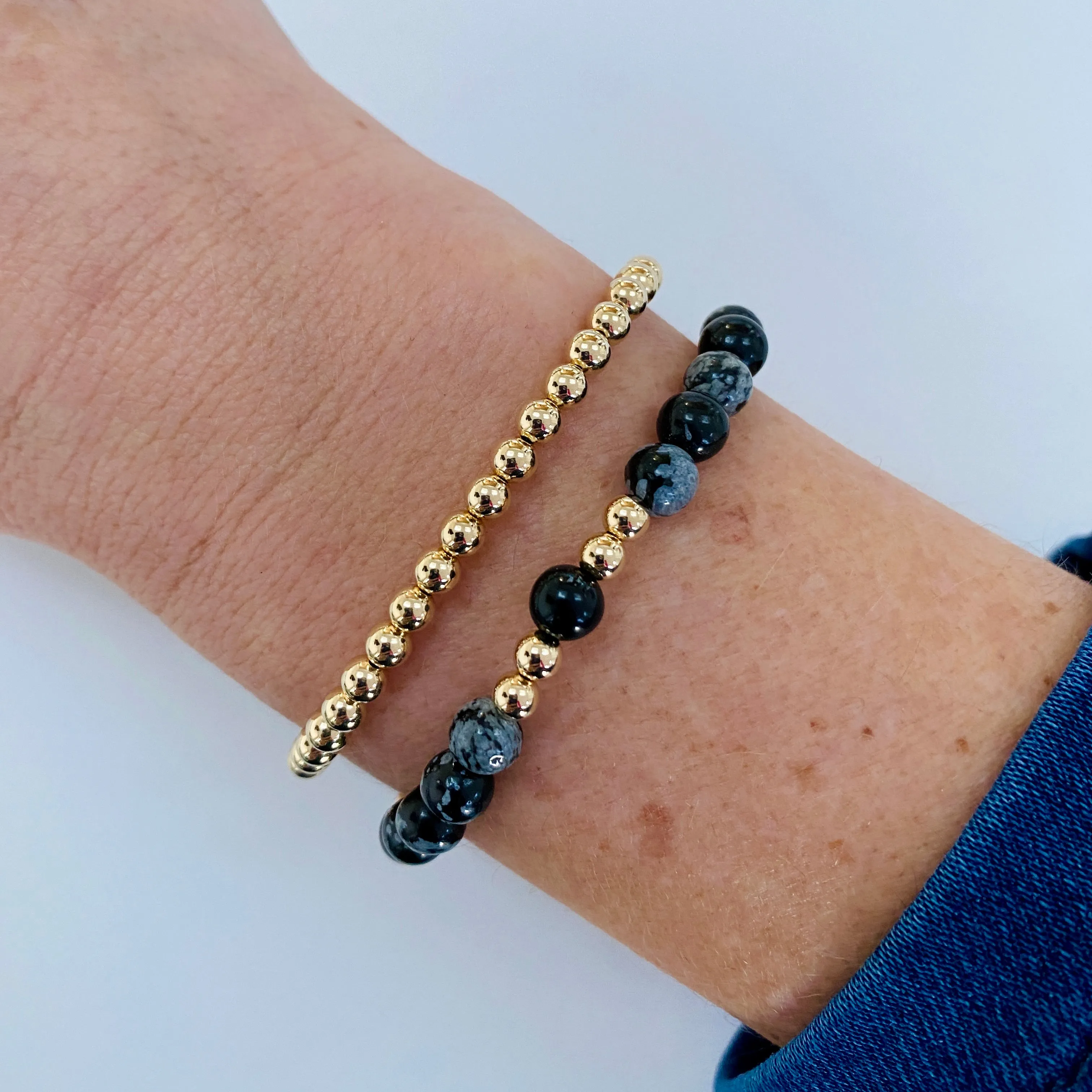 Snowflake Obsidian Bracelet with Gold Accent | Solo or Stack Set