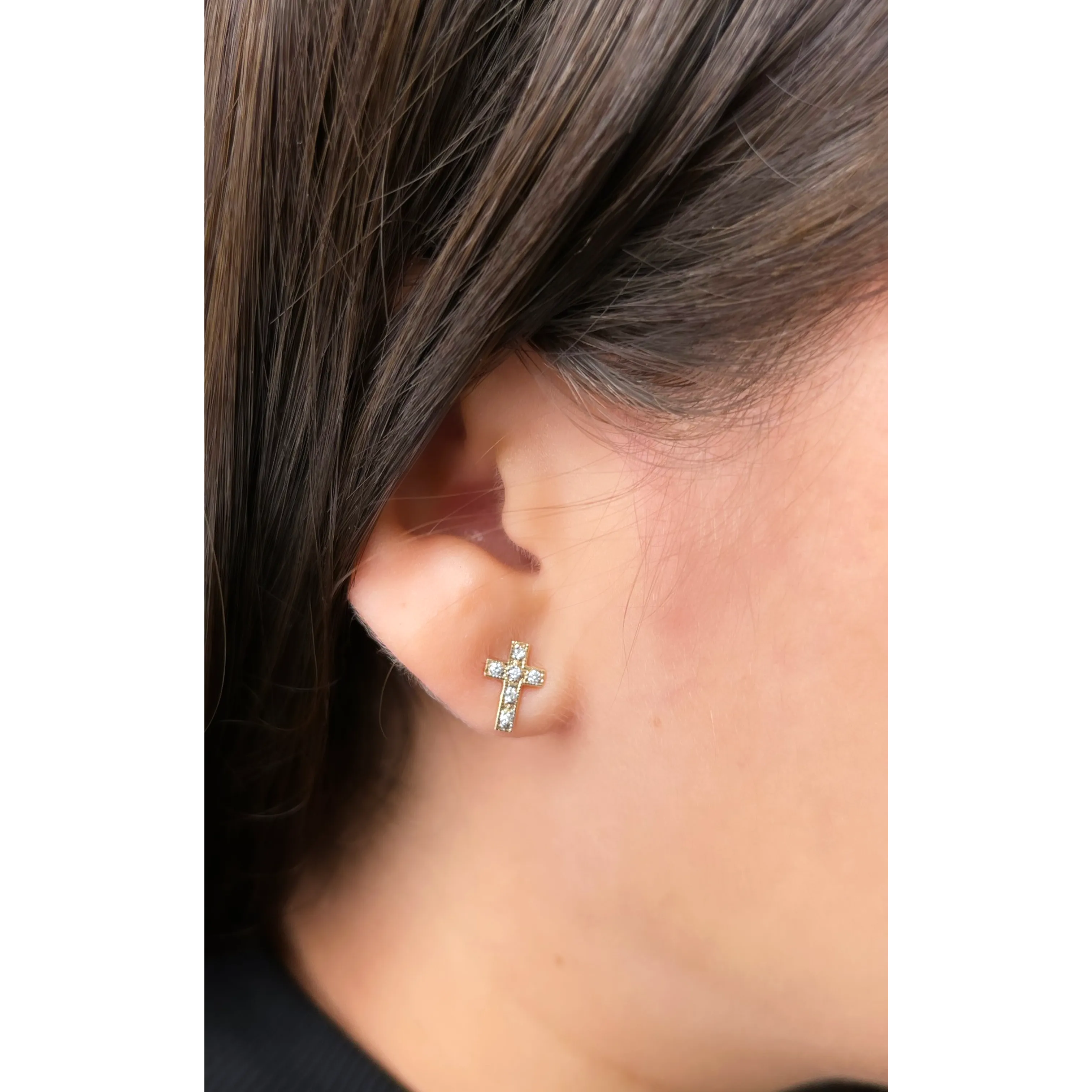 SOLID 14K YELLOW GOLD .12TCW DIAMOND CROSS EARRINGS