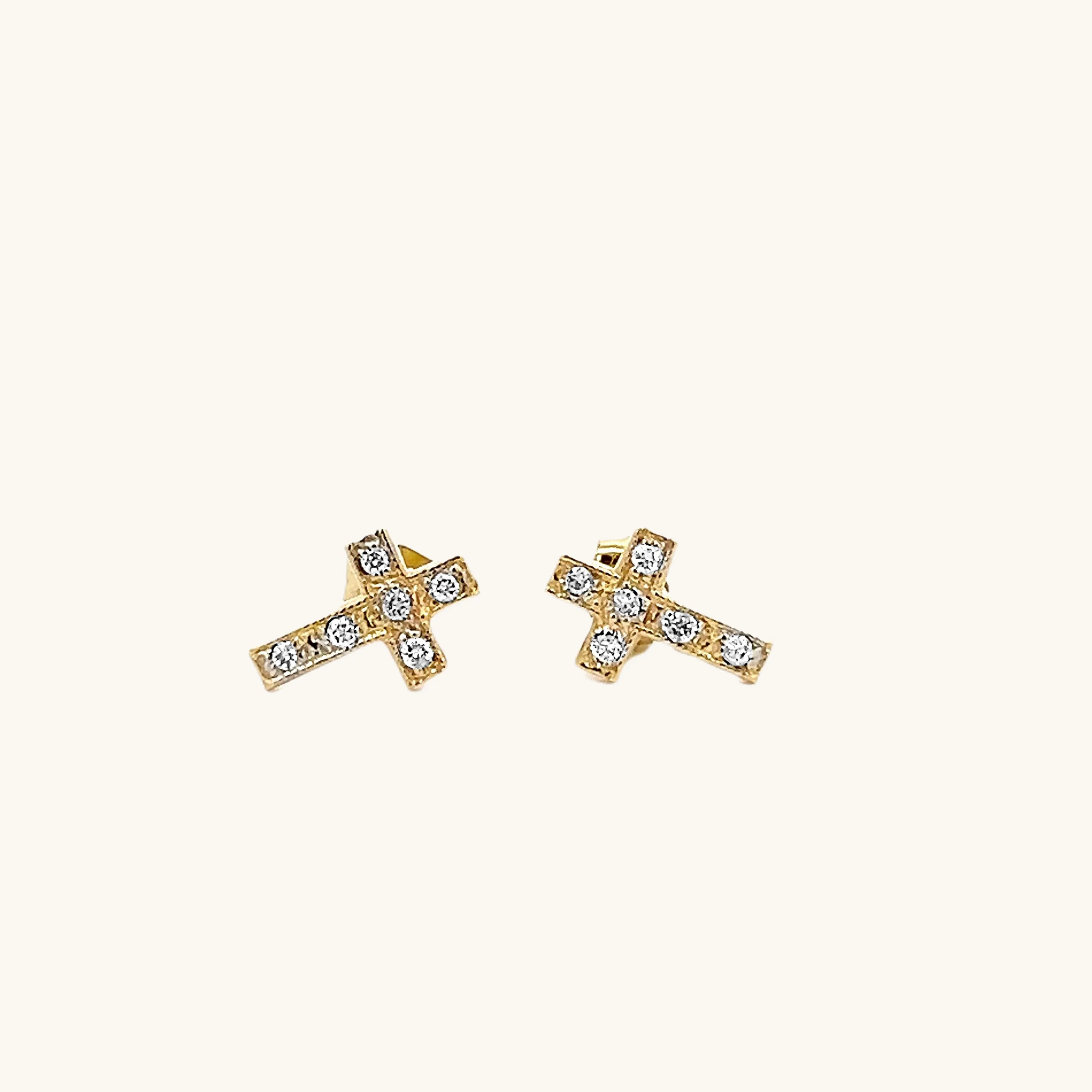 SOLID 14K YELLOW GOLD .12TCW DIAMOND CROSS EARRINGS