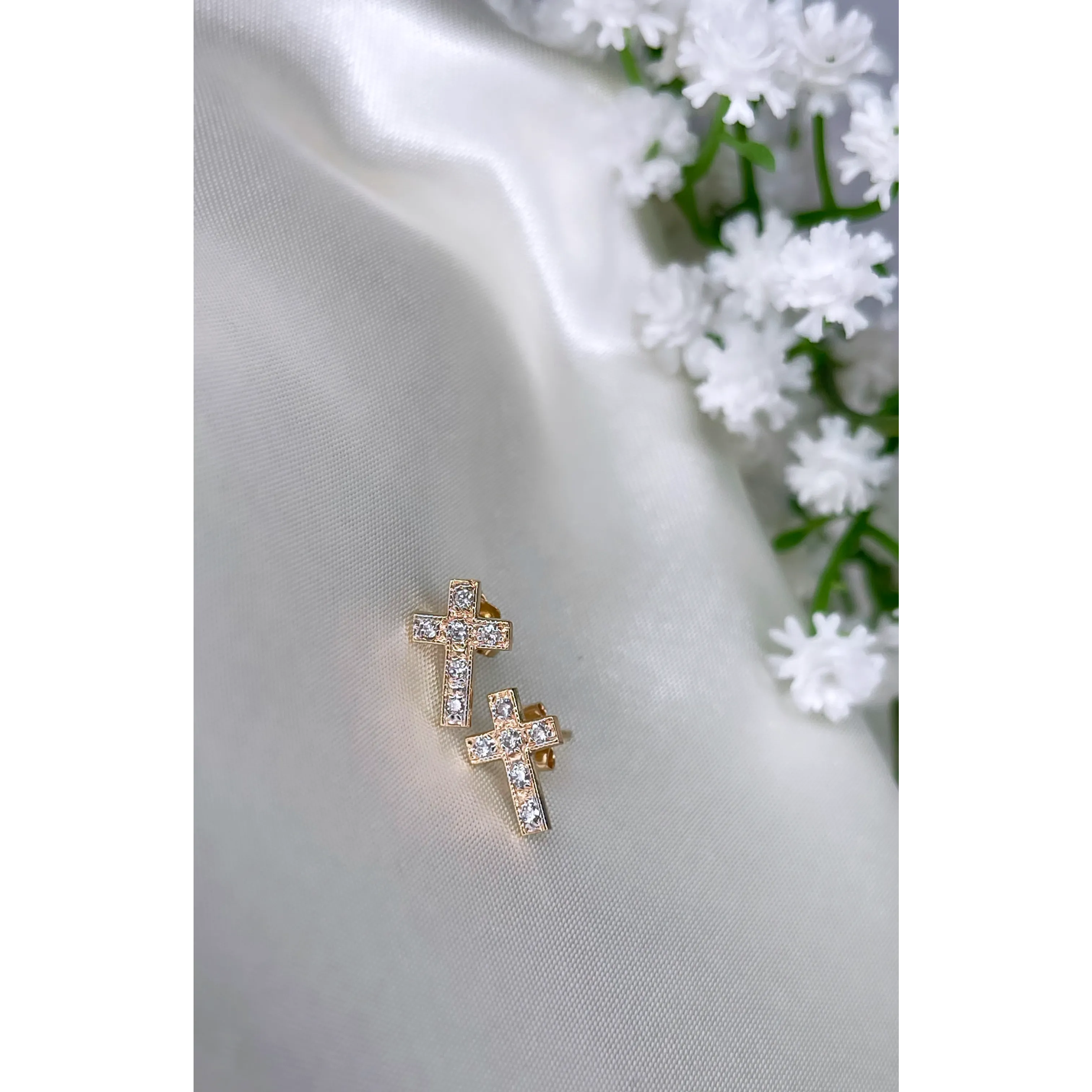 SOLID 14K YELLOW GOLD .12TCW DIAMOND CROSS EARRINGS