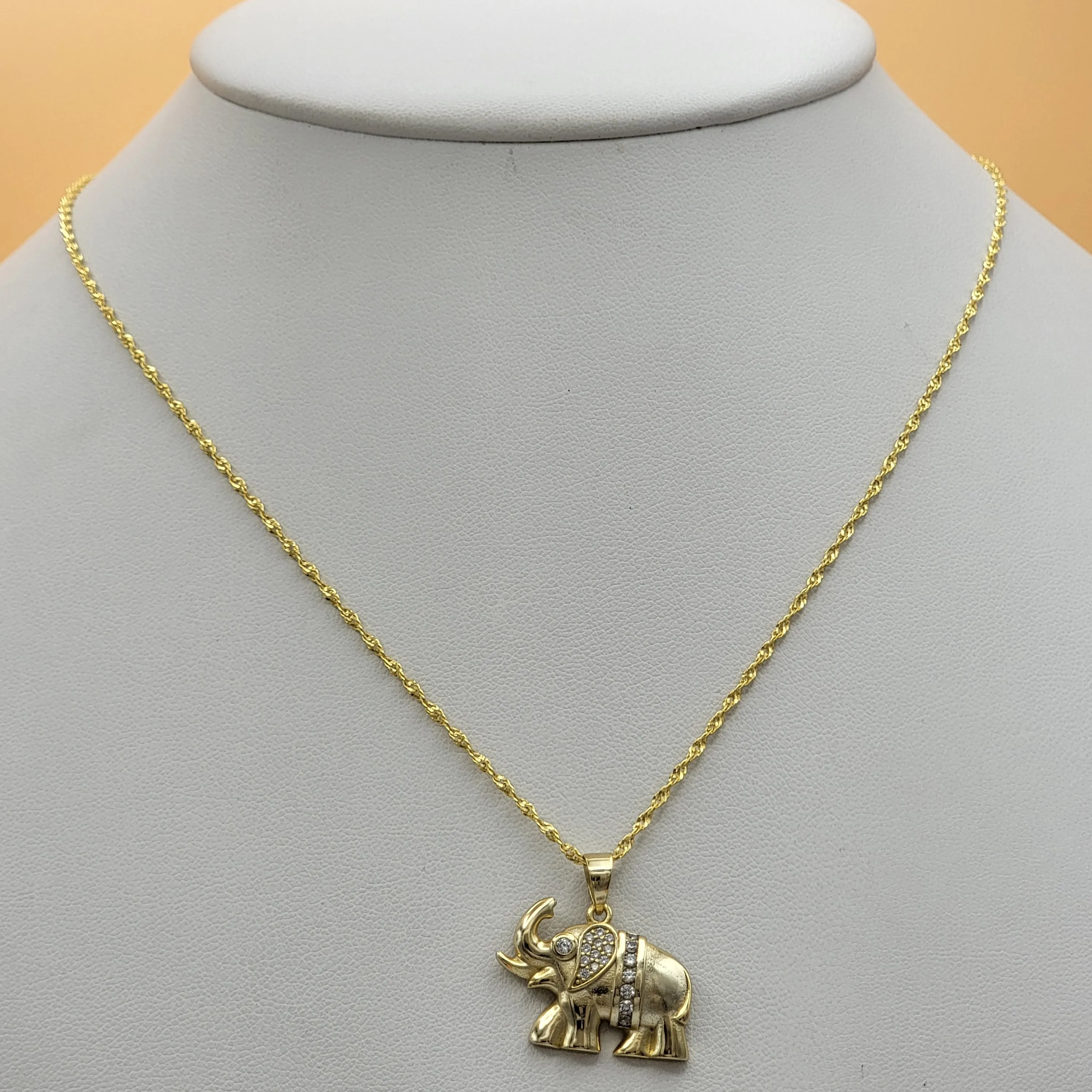 Solid 925 Sterling Silver - Gold Plated. CZ Cute Elephant Pendant & Chain.