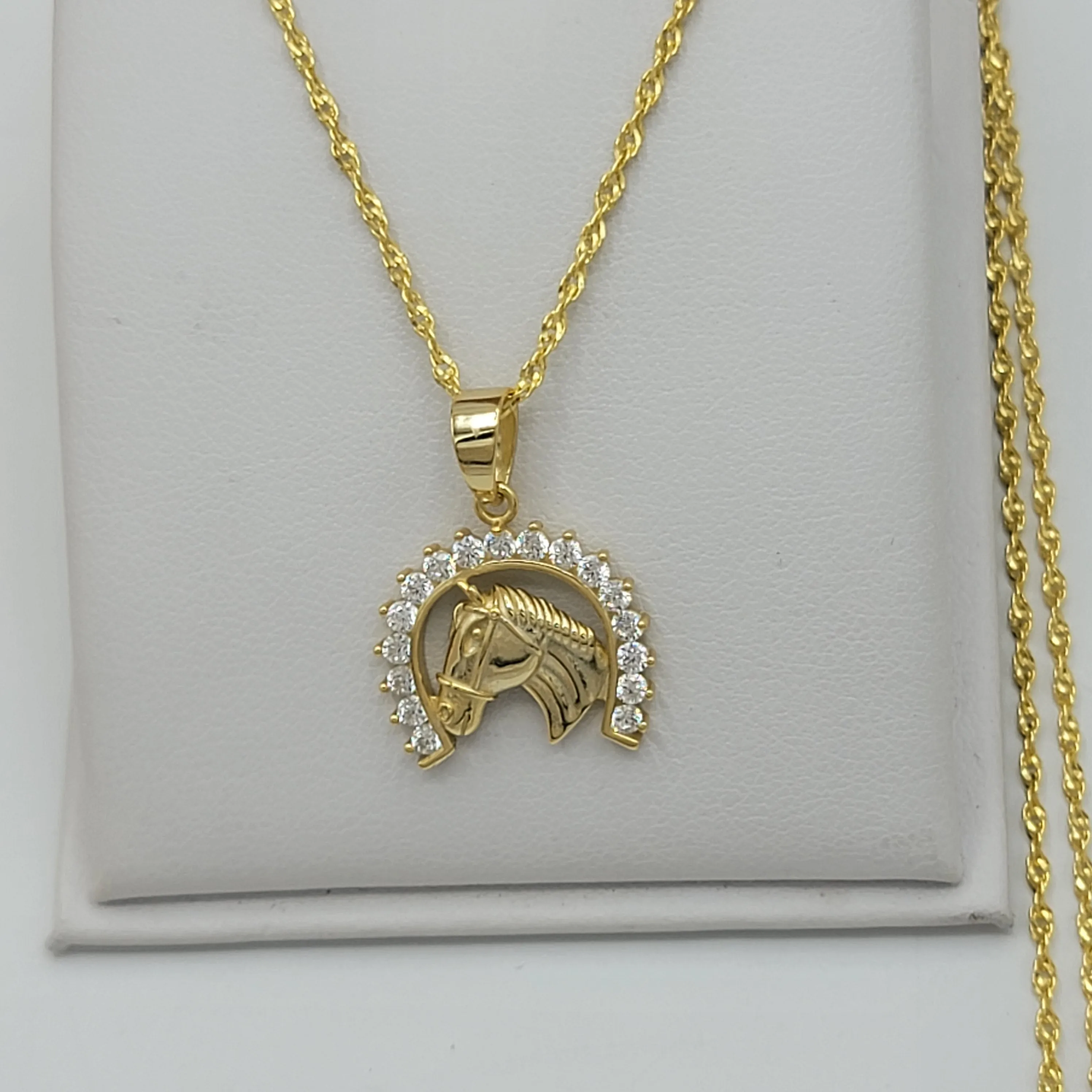 Solid 925 Sterling Silver - Gold Plated. CZ Horseshoe Pendant & Chain.