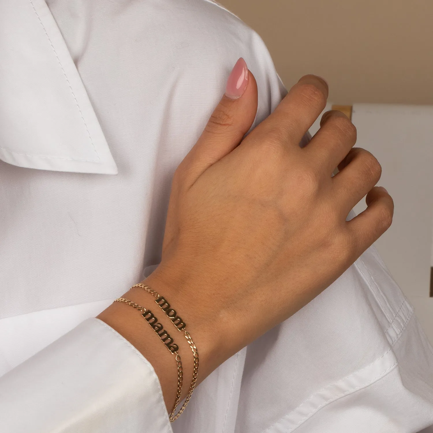 Solid Lowercase Mama Plate Cuban Chain Bracelet 14K