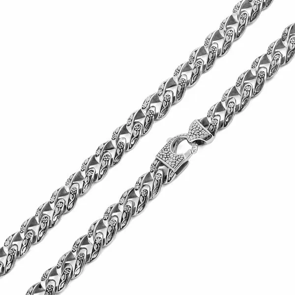 Stainless Steel Flower Etched Curb Necklace - 22 inches
