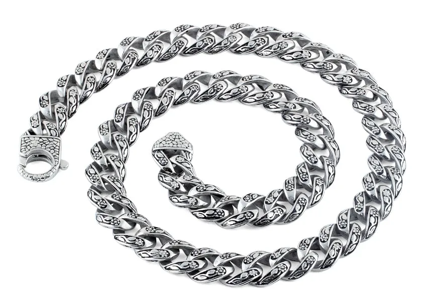 Stainless Steel Flower Etched Curb Necklace - 22 inches