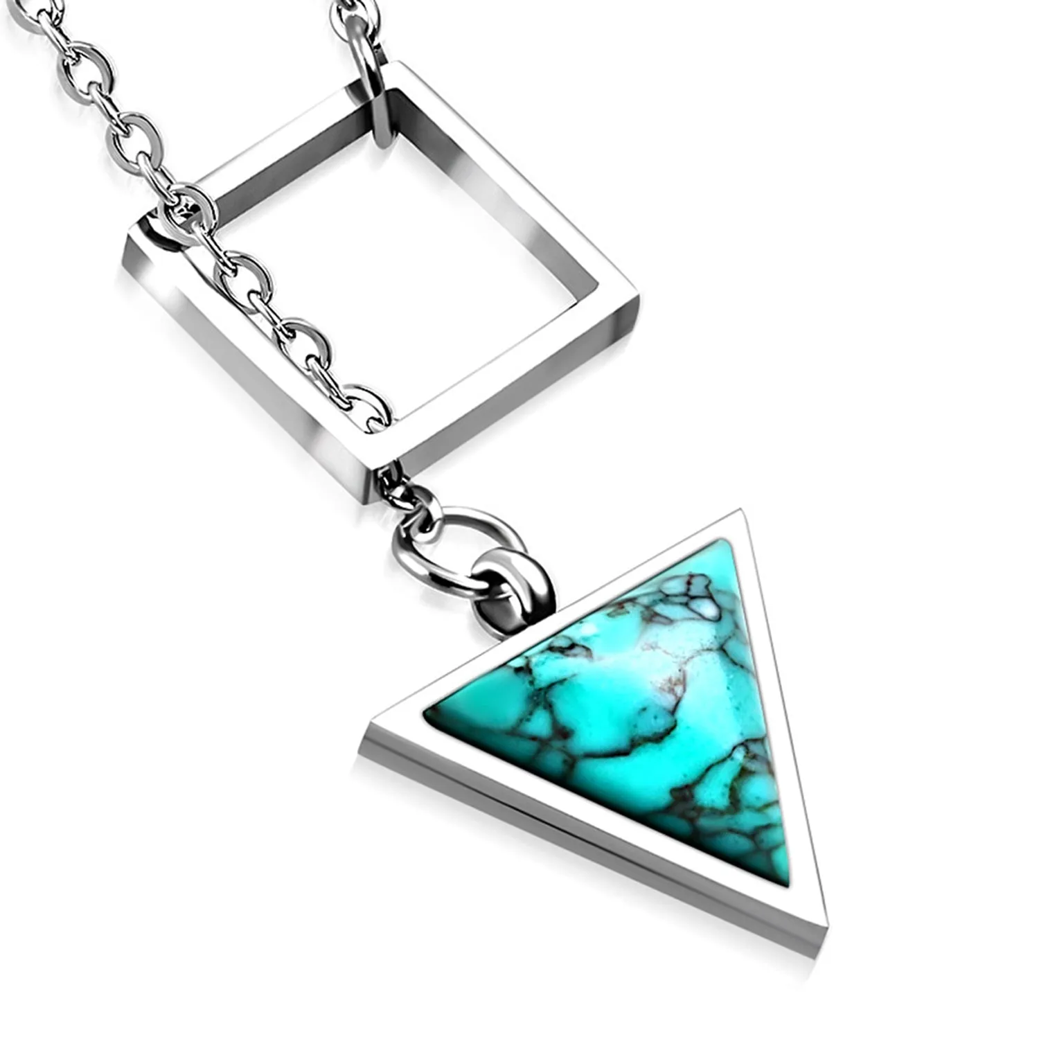 Stainless Steel Interlocking Square Triangle Turquoise Stone Charm Link Chain Necklace