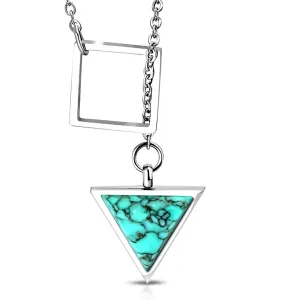 Stainless Steel Interlocking Square Triangle Turquoise Stone Charm Link Chain Necklace