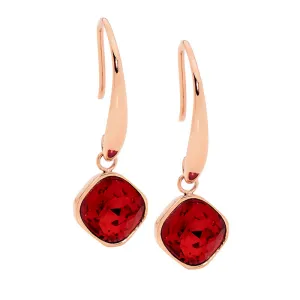 Stainless Steel Rose Gold IP Plated Red Glass Square Drop Earrings SE200RD-R