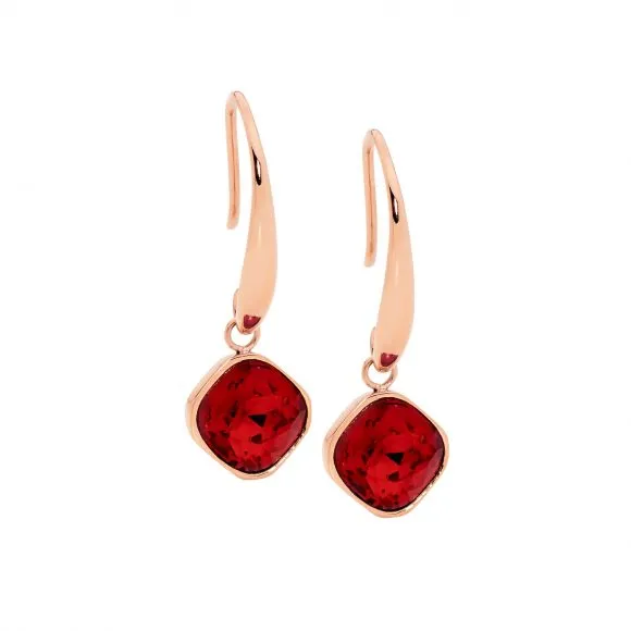 Stainless Steel Rose Gold IP Plated Red Glass Square Drop Earrings SE200RD-R