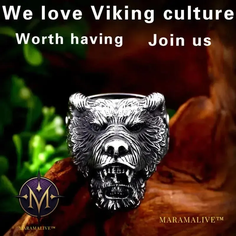 Stainless Steel Viking Bear Head Ring for Men's Punk Fashion Jewelry