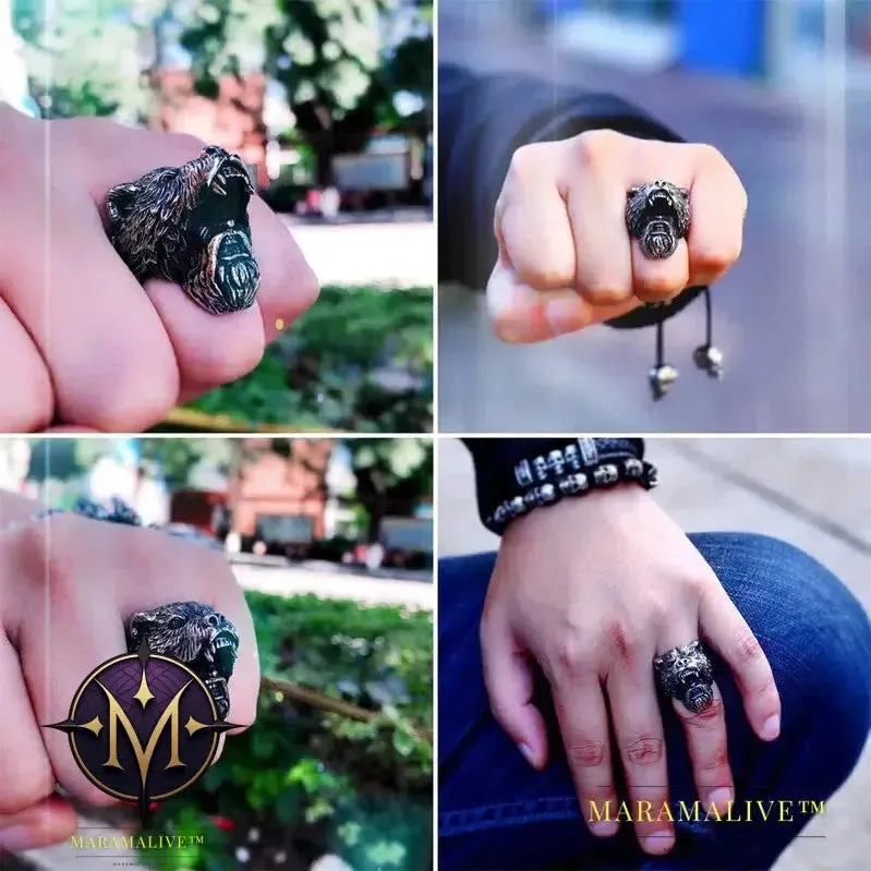 Stainless Steel Viking Bear Head Ring for Men's Punk Fashion Jewelry