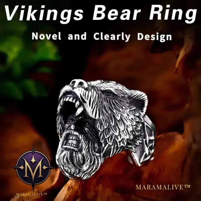 Stainless Steel Viking Bear Head Ring for Men's Punk Fashion Jewelry