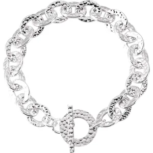 Sterling Silver 10.5mm Hammered Finished Link Bracelet with Toggle Clasp
