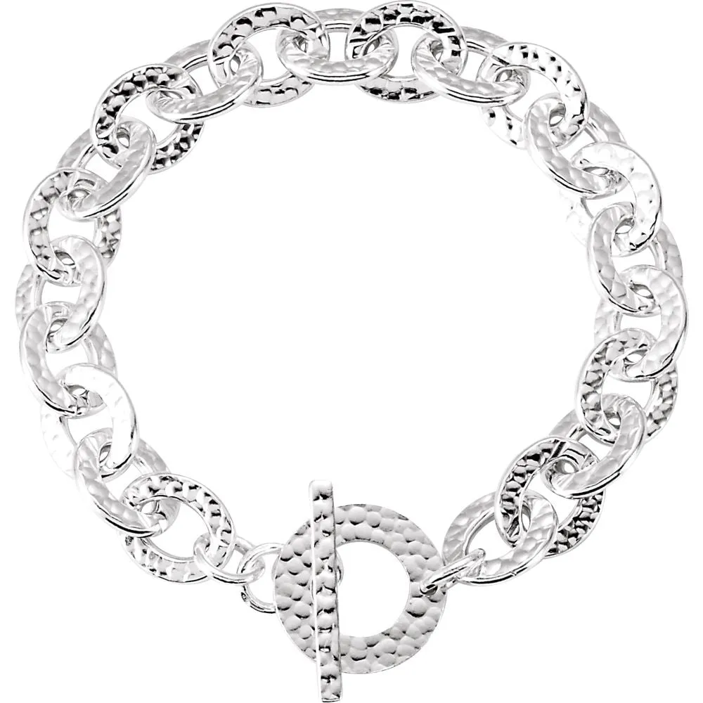 Sterling Silver 10.5mm Hammered Finished Link Bracelet with Toggle Clasp