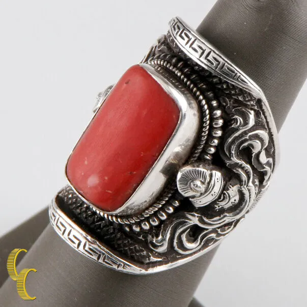 Sterling Silver .925 Ring Coral Stone Urn Trophy Design Unique Gift!