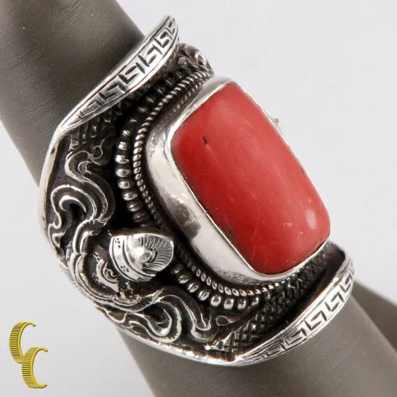 Sterling Silver .925 Ring Coral Stone Urn Trophy Design Unique Gift!
