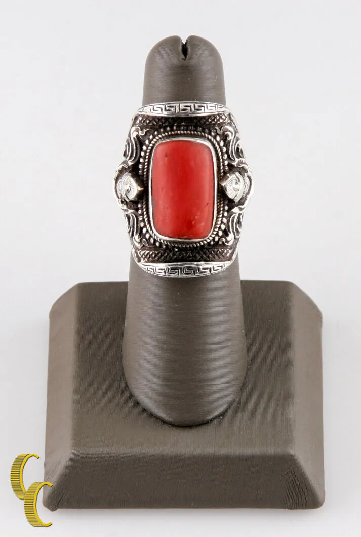 Sterling Silver .925 Ring Coral Stone Urn Trophy Design Unique Gift!