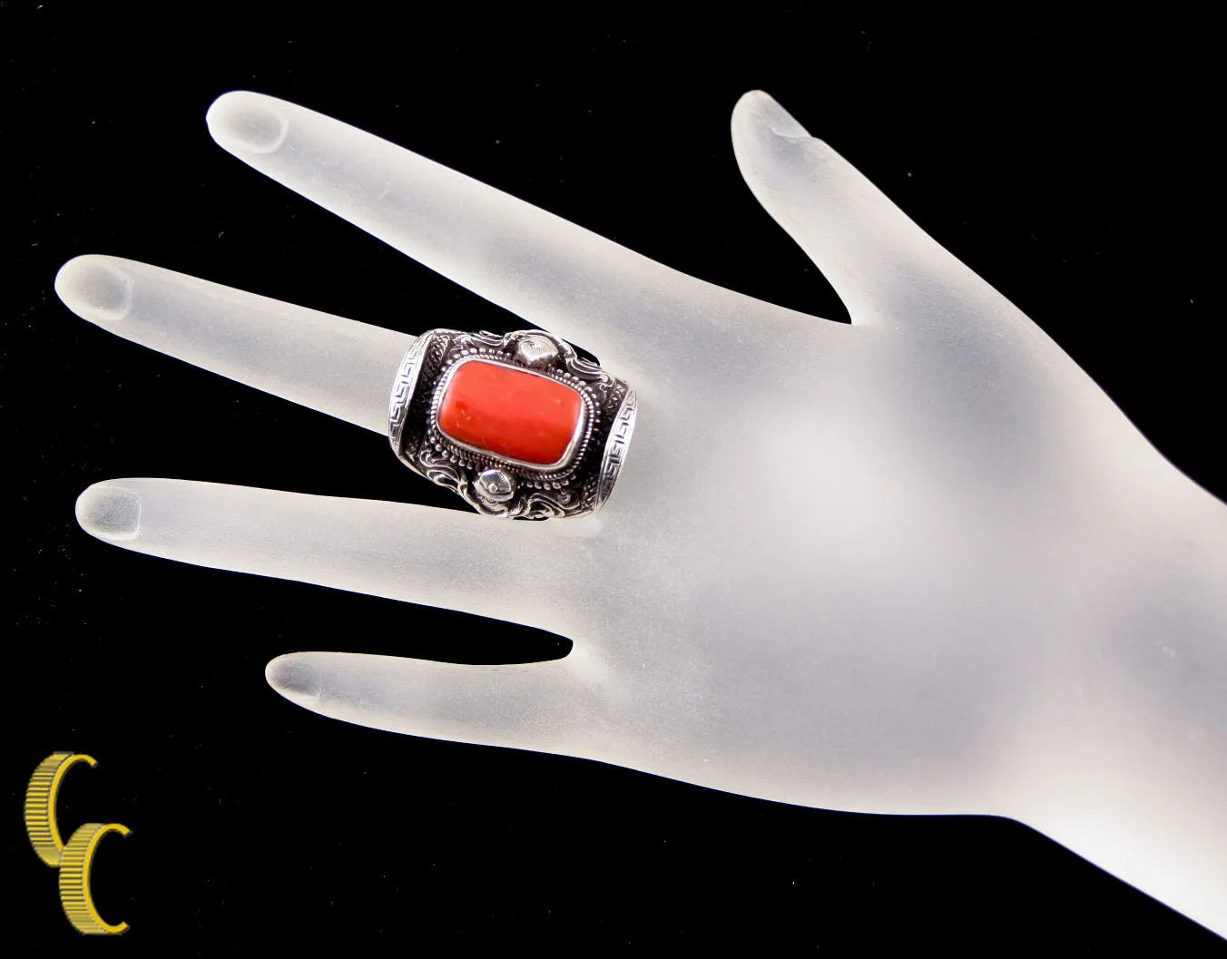 Sterling Silver .925 Ring Coral Stone Urn Trophy Design Unique Gift!