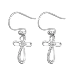 Sterling Silver Dangling Elegant Studded Cross Twist Weave Earrings Clear CZ 925