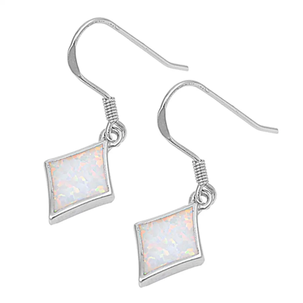Sterling Silver Diamond-Shape Elegant Classic Earrings White Synthetic Opal 925